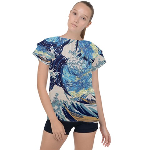 The Great Wave Of Kanagawa Painting Ruffle Collar Chiffon Blouse by Perong