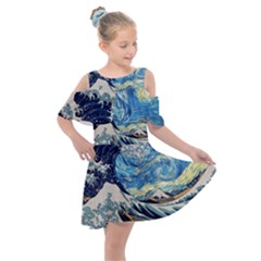 The Great Wave Of Kanagawa Painting Kids  Shoulder Cutout Chiffon Dress