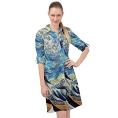 The Great Wave Of Kanagawa Painting Long Sleeve Mini Shirt Dress by Perong