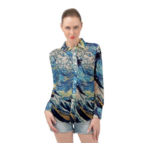 The Great Wave Of Kanagawa Painting Long Sleeve Chiffon Shirt by Perong