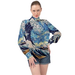 The Great Wave Of Kanagawa Painting High Neck Long Sleeve Chiffon Top by Perong