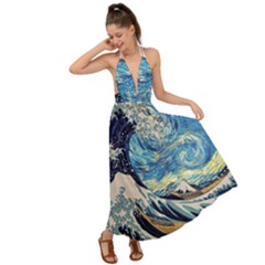 The Great Wave Of Kanagawa Painting Backless Maxi Beach Dress by Perong