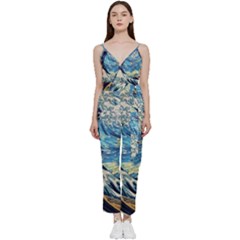 The Great Wave Of Kanagawa Painting V-neck Camisole Jumpsuit by Perong