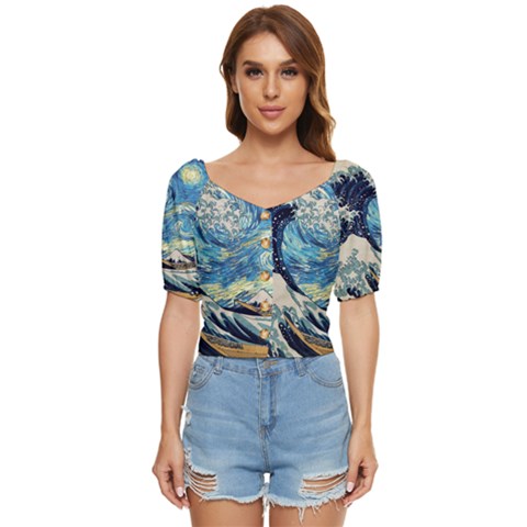 The Great Wave Of Kanagawa Painting Button Up Blouse by Perong