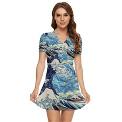 The Great Wave Of Kanagawa Painting V-neck High Waist Chiffon Mini Dress by Perong