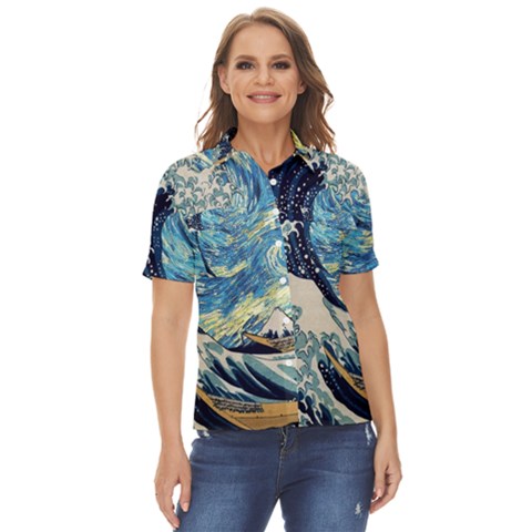 The Great Wave Of Kanagawa Painting Women s Short Sleeve Double Pocket Shirt by Perong