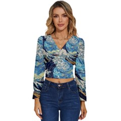 The Great Wave Of Kanagawa Painting Long Sleeve V-neck Top by Perong