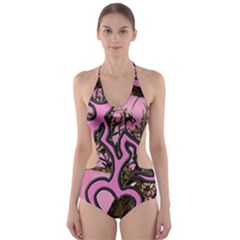 Pink Browning Deer Glitter Camo Cut-out One Piece Swimsuit by Perong