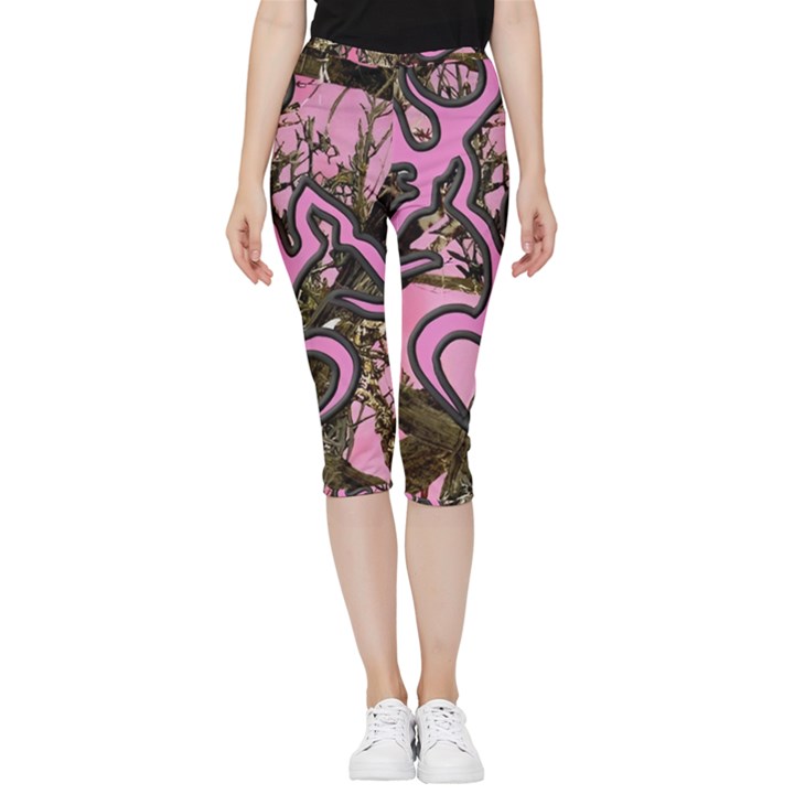 Pink Browning Deer Glitter Camo Inside Out Lightweight Velour Capri Leggings 