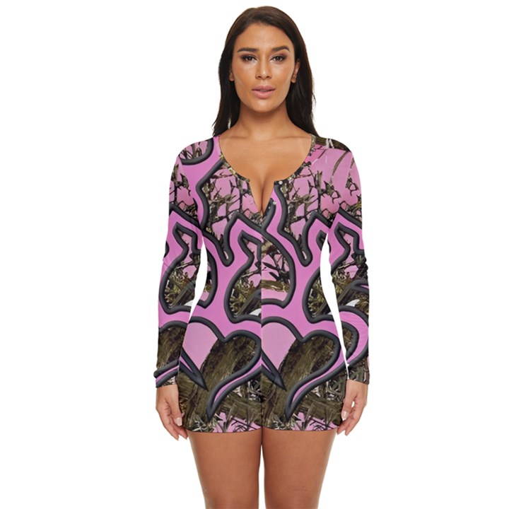 Pink Browning Deer Glitter Camo Long Sleeve Boyleg Swimsuit