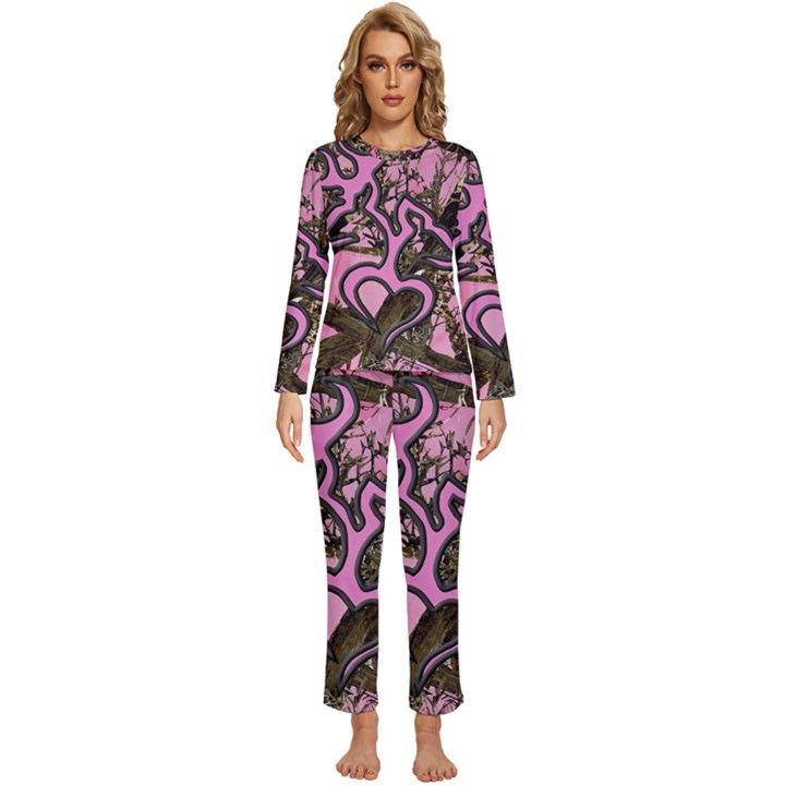 Pink Browning Deer Glitter Camo Womens  Long Sleeve Lightweight Pajamas Set