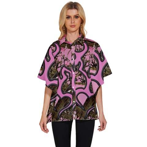 Pink Browning Deer Glitter Camo Women s Batwing Button Up Shirt by Perong