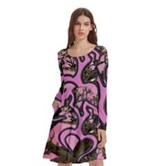 Pink Browning Deer Glitter Camo Long Sleeve Knee Length Skater Dress With Pockets