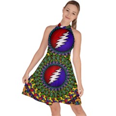 Grateful Dead Bear Pattern Sleeveless Halter Neck A-line Dress by Maspions