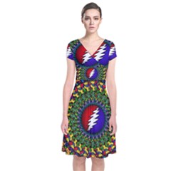 Grateful Dead Bear Pattern Short Sleeve Front Wrap Dress