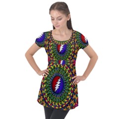 Grateful Dead Bear Pattern Puff Sleeve Tunic Top