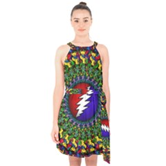 Grateful Dead Bear Pattern Halter Collar Waist Tie Chiffon Dress