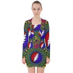 Grateful Dead Bear Pattern V-neck Bodycon Long Sleeve Dress