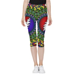 Grateful Dead Bear Pattern Inside Out Lightweight Velour Capri Leggings 