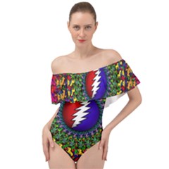 Grateful Dead Bear Pattern Off Shoulder Velour Bodysuit  by Maspions