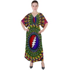 Grateful Dead Bear Pattern V-neck Boho Style Maxi Dress