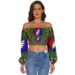 Grateful Dead Bear Pattern Long Sleeve Crinkled Weave Crop Top