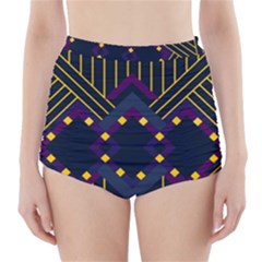 Line Square Pattern Violet Blue Yellow Design High-waisted Bikini Bottoms by Ravend