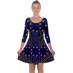 Line Square Pattern Violet Blue Yellow Design Quarter Sleeve Skater Dress