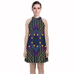 Line Square Pattern Violet Blue Yellow Design Velvet Halter Neckline Dress 