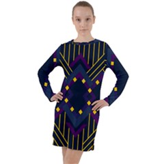 Line Square Pattern Violet Blue Yellow Design Long Sleeve Hoodie Dress