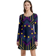 Line Square Pattern Violet Blue Yellow Design Long Sleeve Velour Skater Dress by Ravend