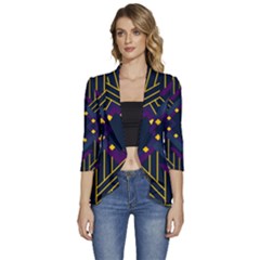 Line Square Pattern Violet Blue Yellow Design Women s 3/4 Sleeve Ruffle Edge Open Front Jacket by Ravend