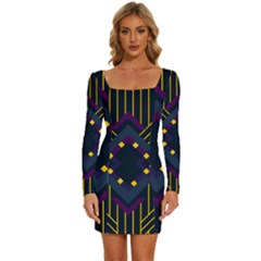 Line Square Pattern Violet Blue Yellow Design Long Sleeve Square Neck Bodycon Velvet Dress by Ravend