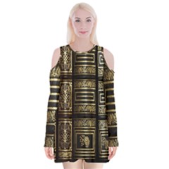 Detail Golden Gold Ornaments Velvet Long Sleeve Shoulder Cutout Dress