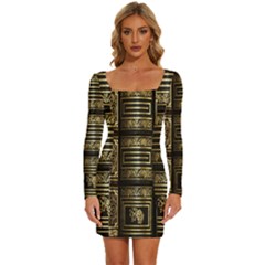 Detail Golden Gold Ornaments Long Sleeve Square Neck Bodycon Velvet Dress