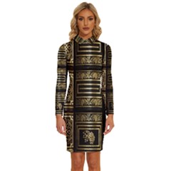 Detail Golden Gold Ornaments Long Sleeve Shirt Collar Bodycon Dress