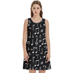 Chalk Music Notes Signs Seamless Pattern Round Neck Sleeve Casual Dress With Pockets