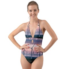 Wind Giants At Twilight Halter Cut-out One Piece Swimsuit by Tellerarts