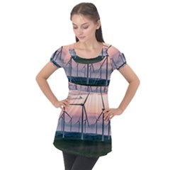 Wind Giants At Twilight Puff Sleeve Tunic Top