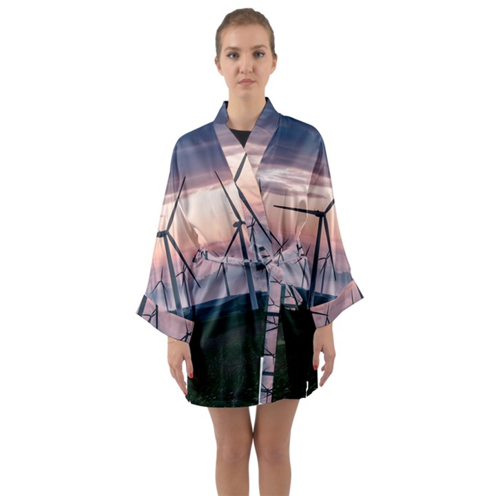 Wind Giants At Twilight Long Sleeve Satin Kimono