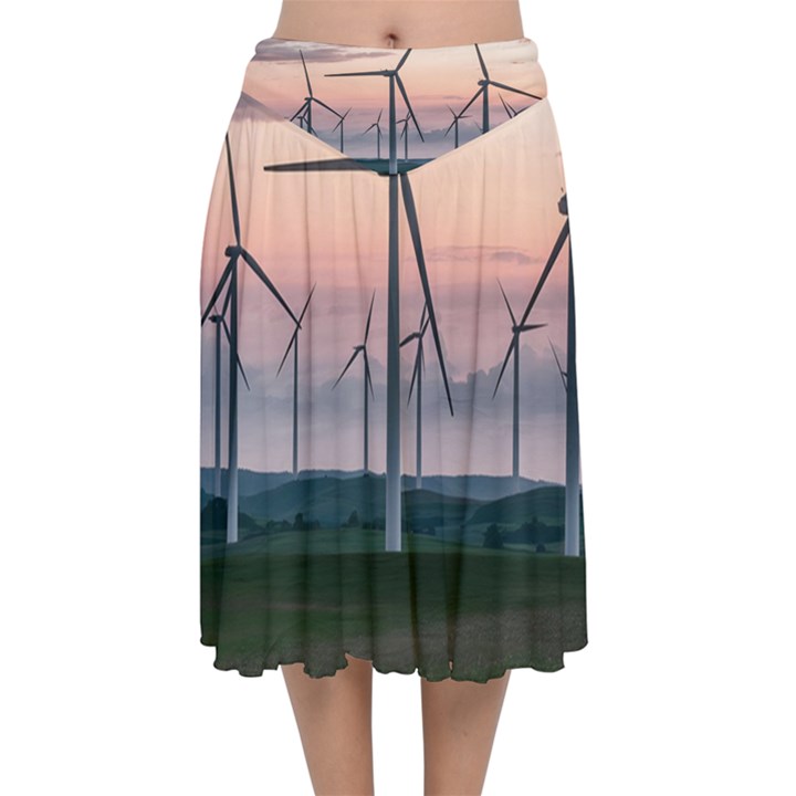 Wind Giants At Twilight Velvet Flared Midi Skirt