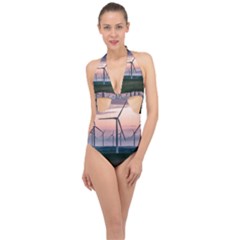 Wind Giants At Twilight Halter Front Plunge Swimsuit by Tellerarts