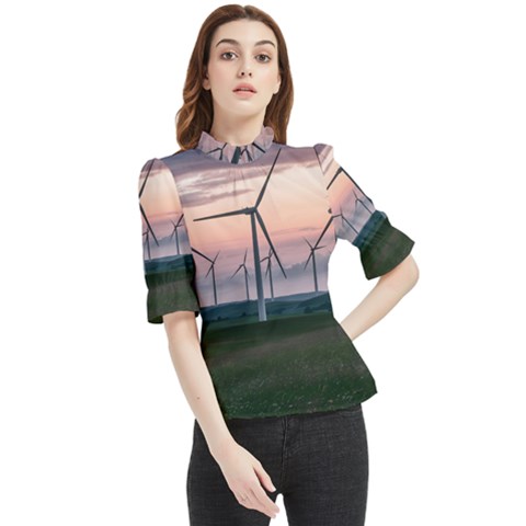 Wind Giants At Twilight Frill Neck Blouse by Tellerarts