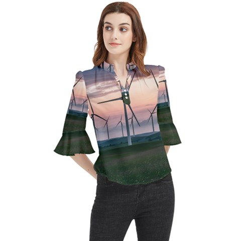 Wind Giants At Twilight Loose Horn Sleeve Chiffon Blouse by Tellerarts