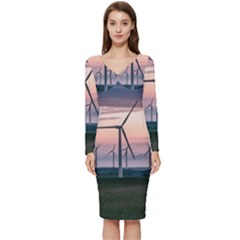 Wind Giants At Twilight Long Sleeve V-neck Bodycon Dress 