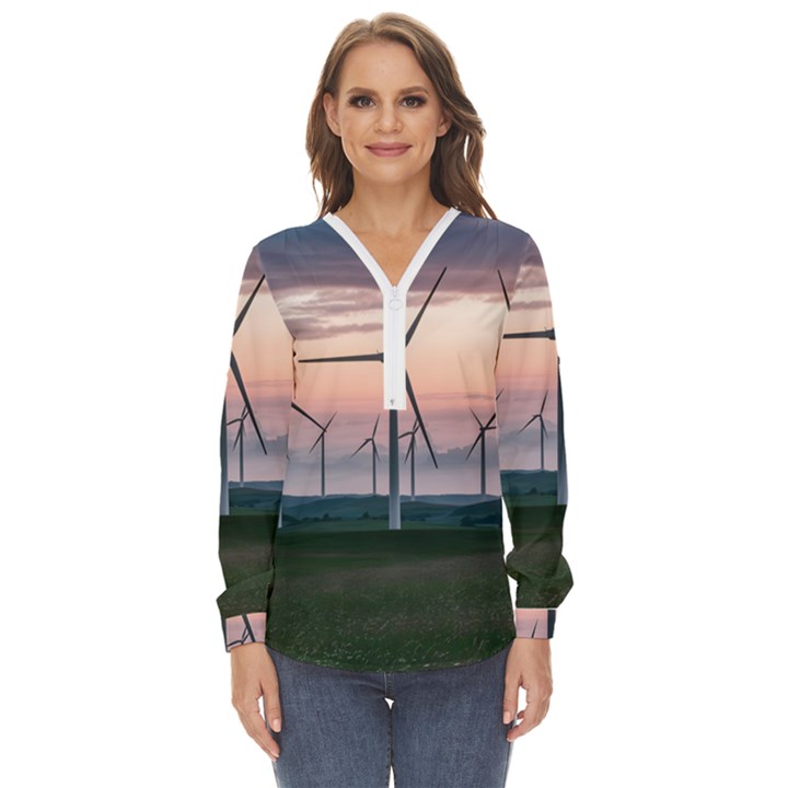 Wind Giants At Twilight Zip Up Long Sleeve Blouse