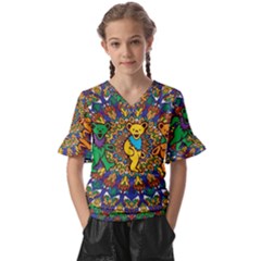 Dead Dancing Bears Grateful Dead Pattern Kids  V-neck Horn Sleeve Blouse by Grandong