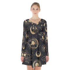 Asian Seamless Pattern With Clouds Moon Sun Stars Vector Collection Oriental Chinese Japanese Korean Long Sleeve Velvet V-neck Dress