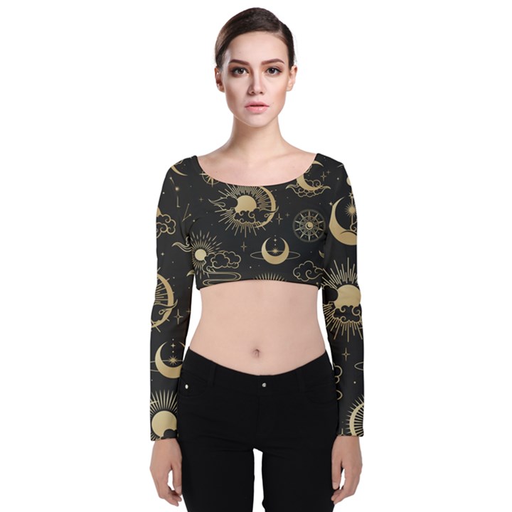 Asian Seamless Pattern With Clouds Moon Sun Stars Vector Collection Oriental Chinese Japanese Korean Velvet Long Sleeve Crop Top