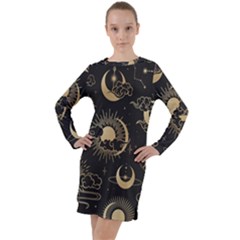 Asian Seamless Pattern With Clouds Moon Sun Stars Vector Collection Oriental Chinese Japanese Korean Long Sleeve Hoodie Dress